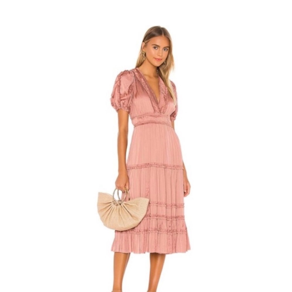 Ulla Johnson Revolve Ines Satin Pleated Copper V-neck A-line Midi Dress Size 4.